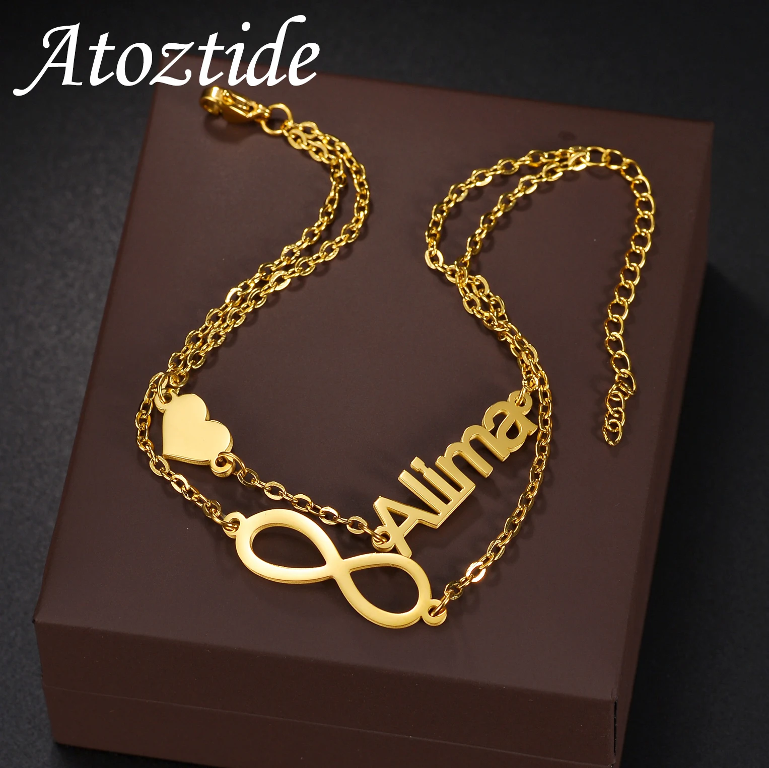 Atoztide Personalized Custom Name Bracelet  Stainless Steel 2 Layer Infinite Heart Letter Handmade Link Chain Jewelry Gift