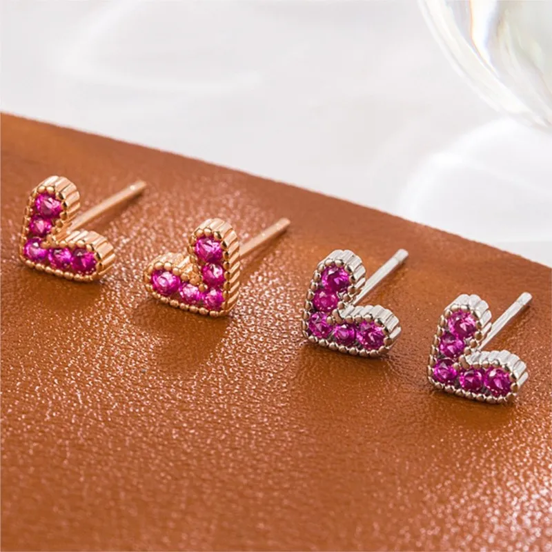 ANENJERY Rose Pink Love Zircon Heart Stud Earrings for Women Vintage Romatic Trendy Jewelry Accessories