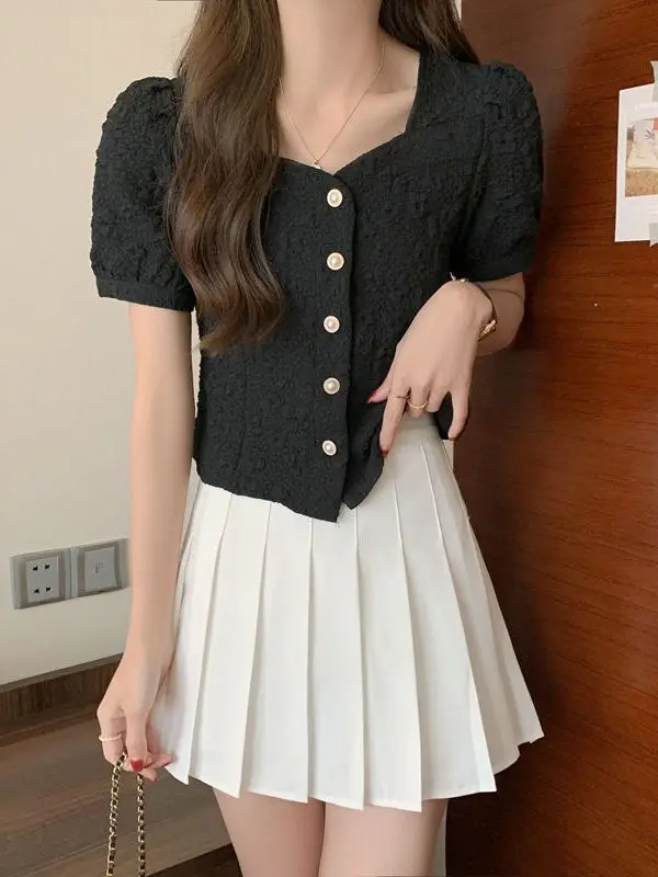 Ele ort Sve Chiffon Pred Flower Top Slimming Sli Summer New Arrival Faionable Square Collar Women's irt