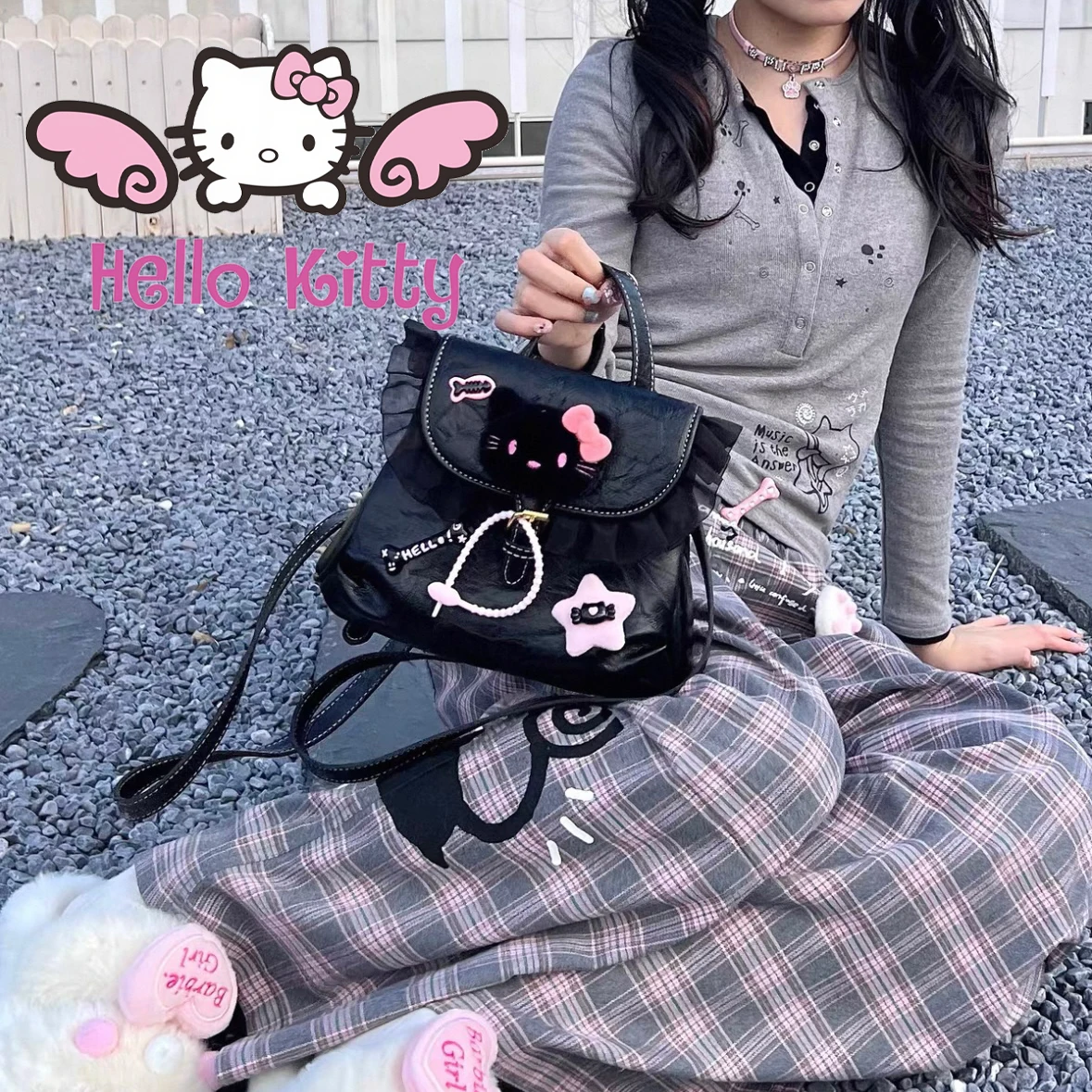 

Kawaii Hello Kitty, милая маленькая сумка, розовый и черный рюкзак с пентаграммой, кружевной рюкзак y2k, модный подарок на день рождения для девочек, сумка высокого качества