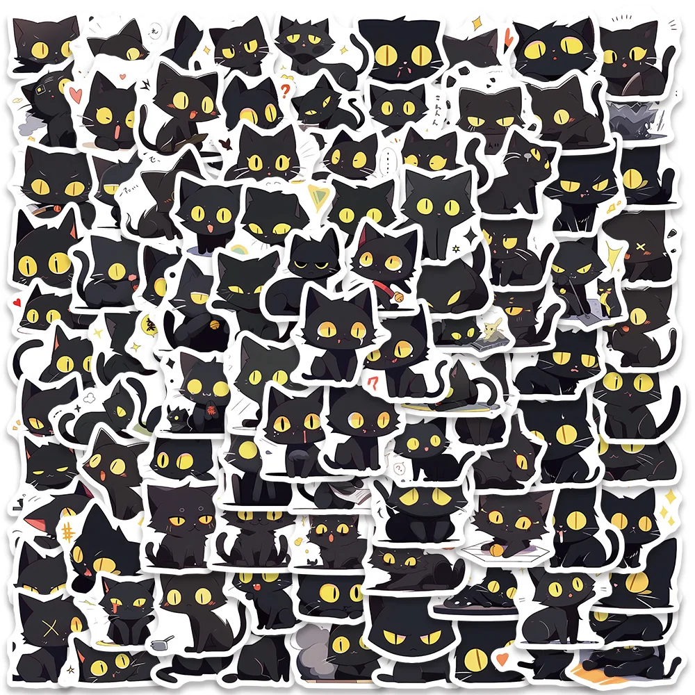 

100pcs Cute Cartoon Animals Black Cats Stickers For Laptop Guitar Phone Luggage Decor Waterproof Graffiti Bicycle Car Decals