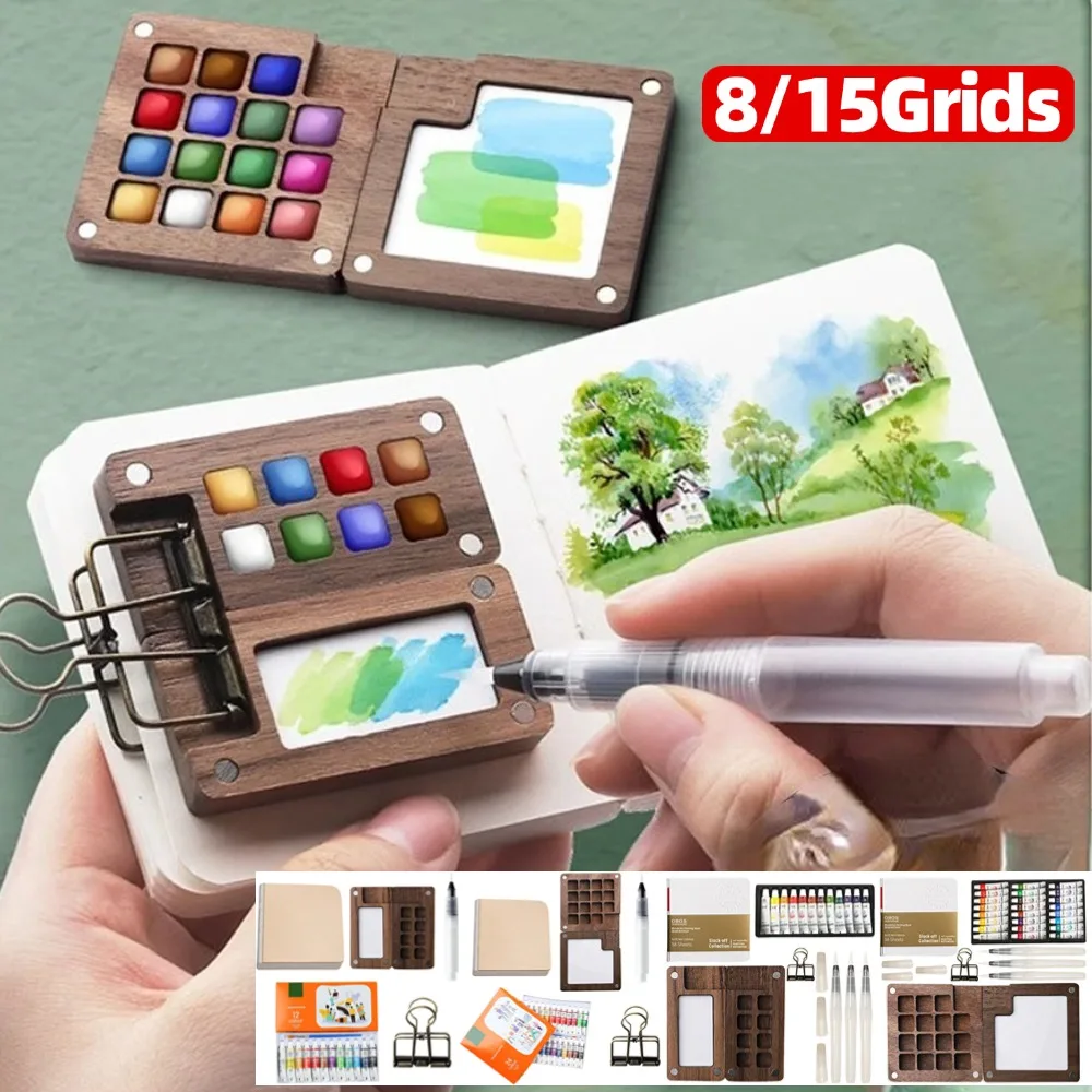 

Portable Watercolor Set 8/15 Grids Wooden Palette Travel Sketchbook Brush Pens Binder Clips for Artists Students Painting Tools