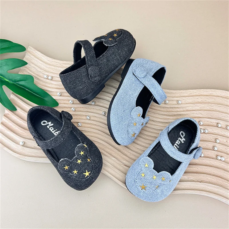 New Spring 2024 Baby Shoes Denim Cute Animal Design Girls Princess Shoes Soft Sole Toddler Little Kids Shoes