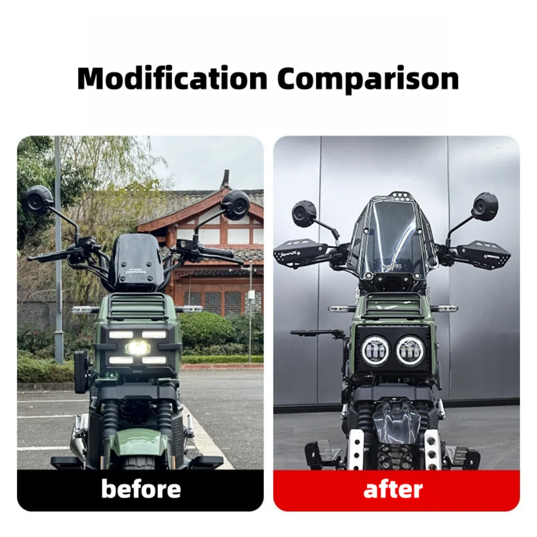 

For Honda Square X125 motorcycle modification: dual headlights, LED round lights, high and low beam auxiliary lights.