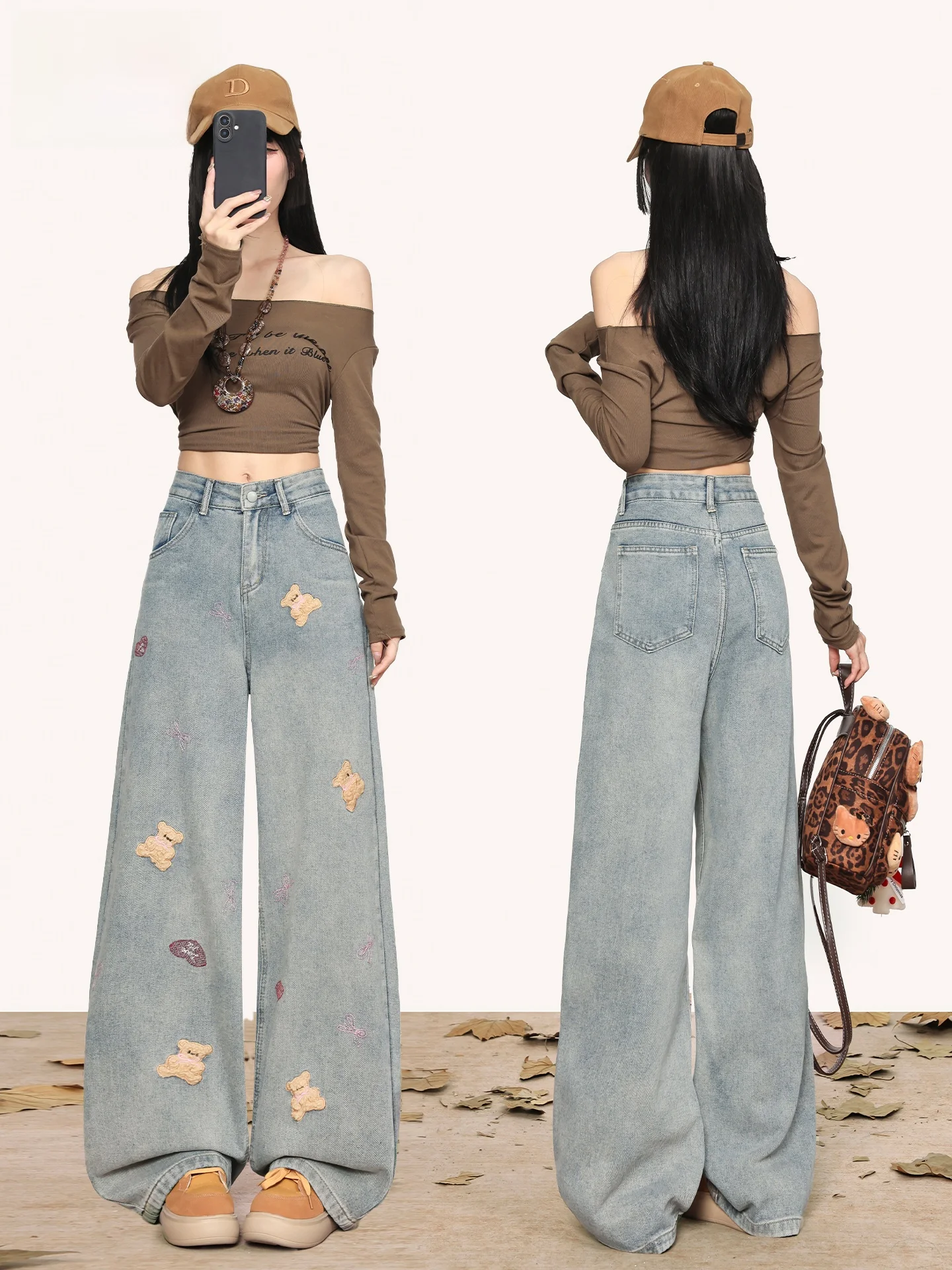 

American Style High Waist Wide Leg Embroidered Bear Denim Jeans Women Loose Straight Floor-Length Pants Casual Spring 2026