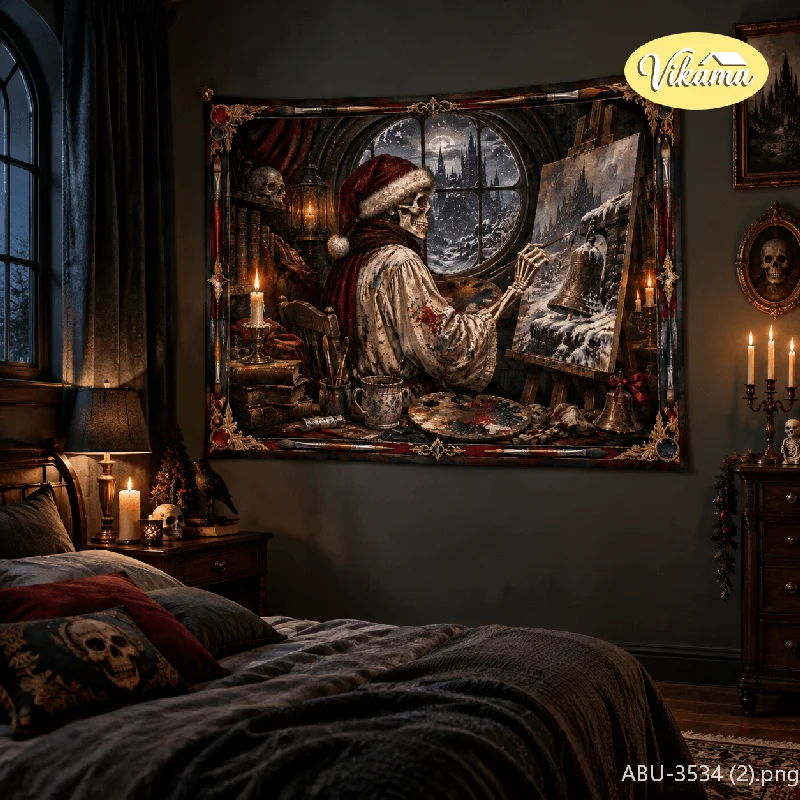 VIKAMA Gothic Christmas Painter Skeleton Tapestry, Christmas Hat Skeleton Background Cloth, Party Wall Decor