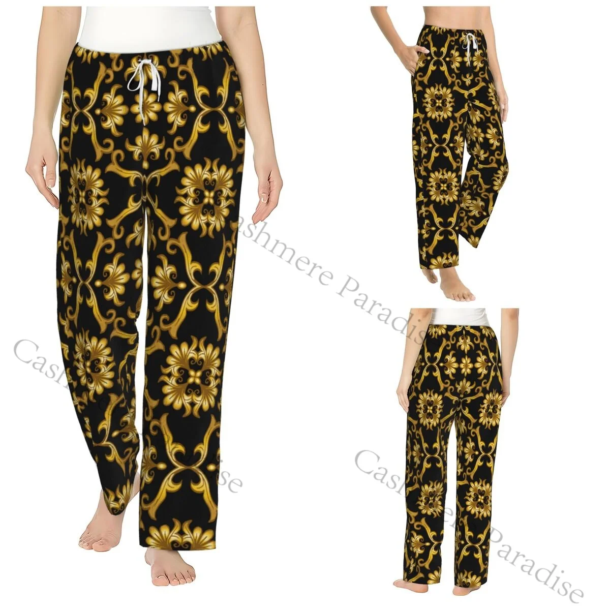 

Gold Baroque Women Sleep Pants Warm Flannel Lounge Pants for Winter Nights