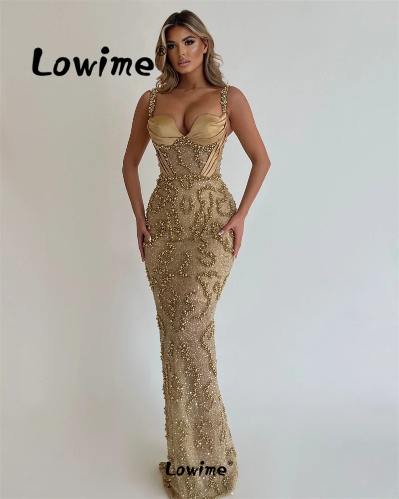 2024 Deep Champagne Beaded Arabic Evening Dress Aso Ebi Mermaid Prom Dress Sequined Lace Party Second Reception Celebrity Gowns