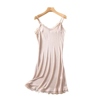 2024 İlkbahar/yaz/sonbahar Dut Ipek V Yaka Dantel Katı Seksi Askı Gecelik Pijama Bayan Gece Elbisesi