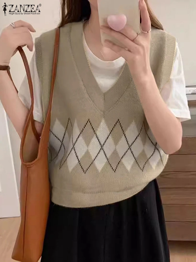 Women Autumn Sleeveless Tops ZANZEA Casual Loose Diamond Plaid Print Knitted Vests Simple V-Neck Sweaters Oversize Vests S-3XL