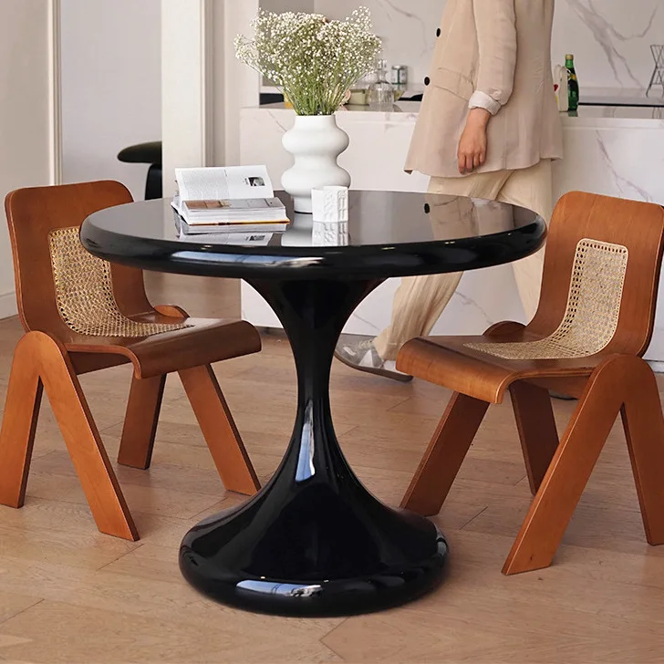 

Cream round tulip negotiation table light luxury modern simple small apartment household French retro black dining table