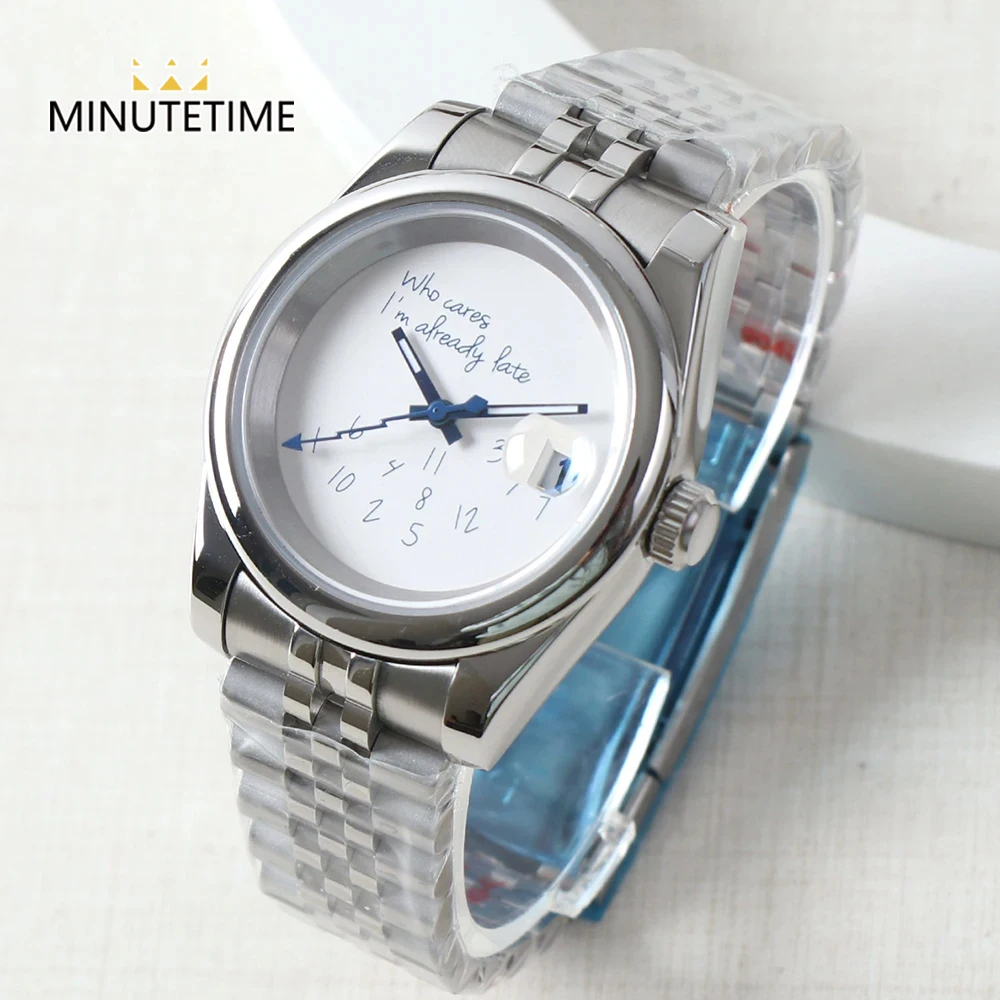 

MINUTETIME NH35 No Logo Watch Smooth Case For Who cares, I'm already late Silver Sapphire NH35 Automatic Movement 36/39mm Case