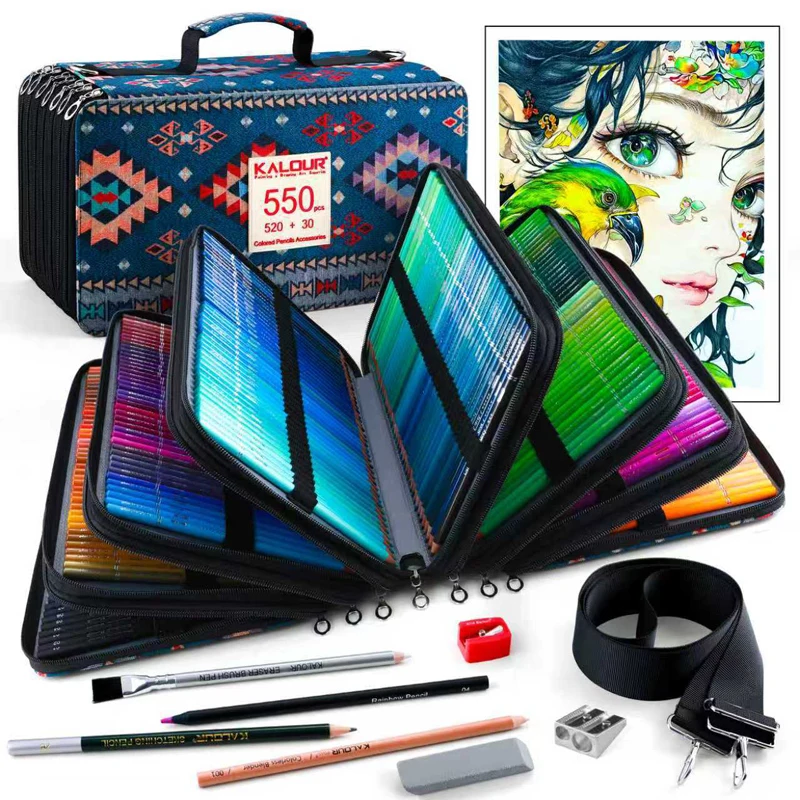 KALOUR 550pcs/Set HB Colored Pencils Portable Pencil Stationery Bag Packaging Professional Color Drawing Sketching Art Supplies