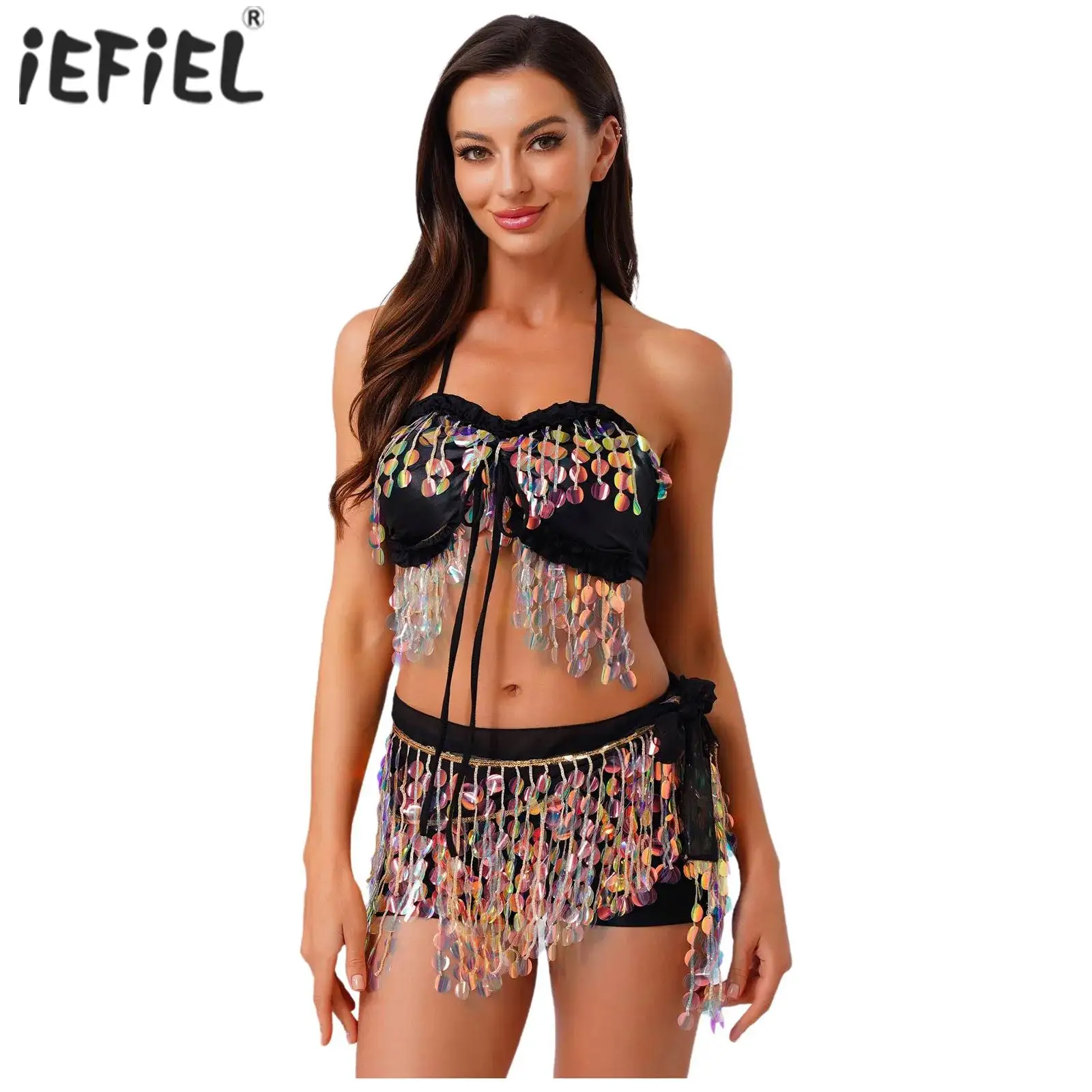 Orientalische lateinamerikanische Bauchtanz-Outfits für Damen, Farbverlauf, Pailletten, Quaste, Bauchtanz-Kostüm, Neckholder, gepolstertes Crop-Top und Hüfttuch zum Binden