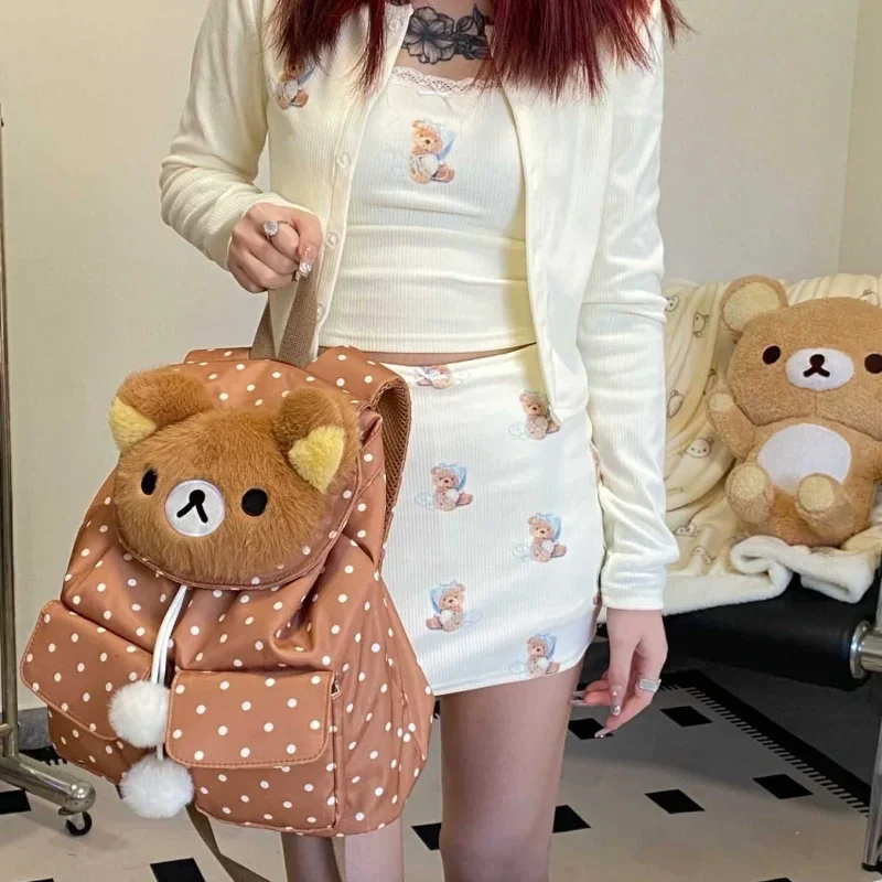 

Kawaii Rilakkuma 2022, плюшевый рюкзак с большой головой для девочек, милый мультяшный аниме-периферийный мини-рюкзак в горошек, школьная сумка, подарок