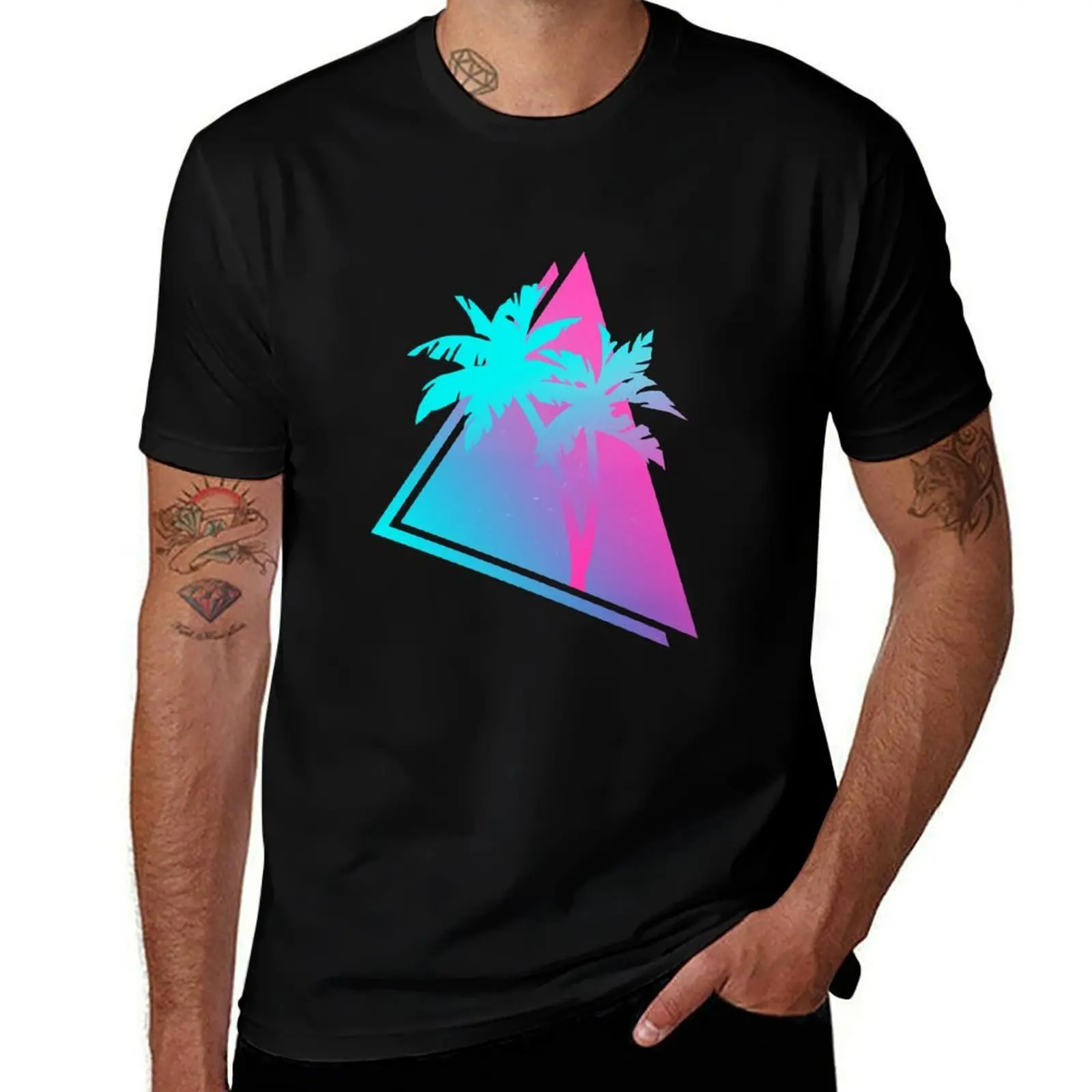 

Retro 80s 90s Vaporwave Palm Trees Gift. Pink & blue design design T-Shirt man t shirts high quality luxury brand T-Shirt