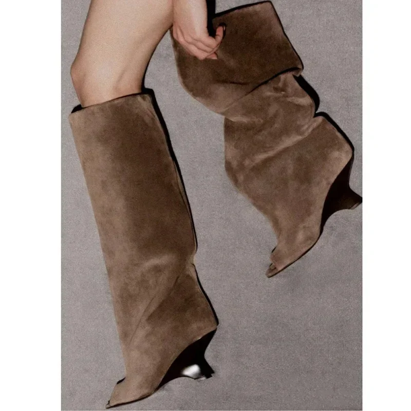 2024 European and American Autumn/Winter Women's Fish Mouth Thick High Heels Knee Boots Fashion Show Large Medium Cool Boots