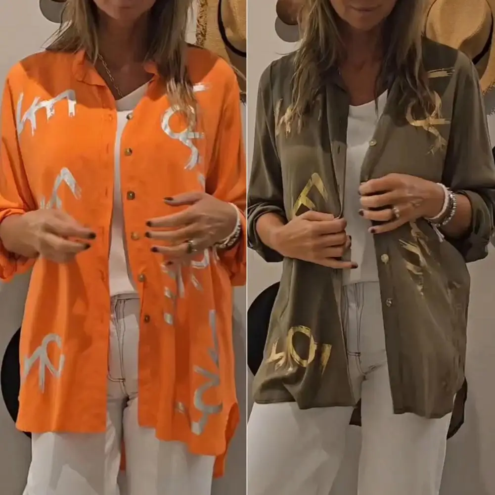 قميص نسائي بأكمام طويلة بطية صدر ، قمة أنيقة ، طباعة بختم ساخن ، تصميم بصف واحد ، فضفاض ، كاجوال ، يومي