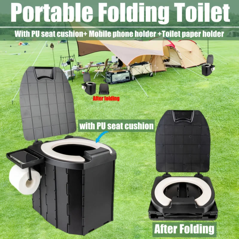 Travel-friendly Folding Commode with Comfortable PU Seat and Lid for Outdoor Activities