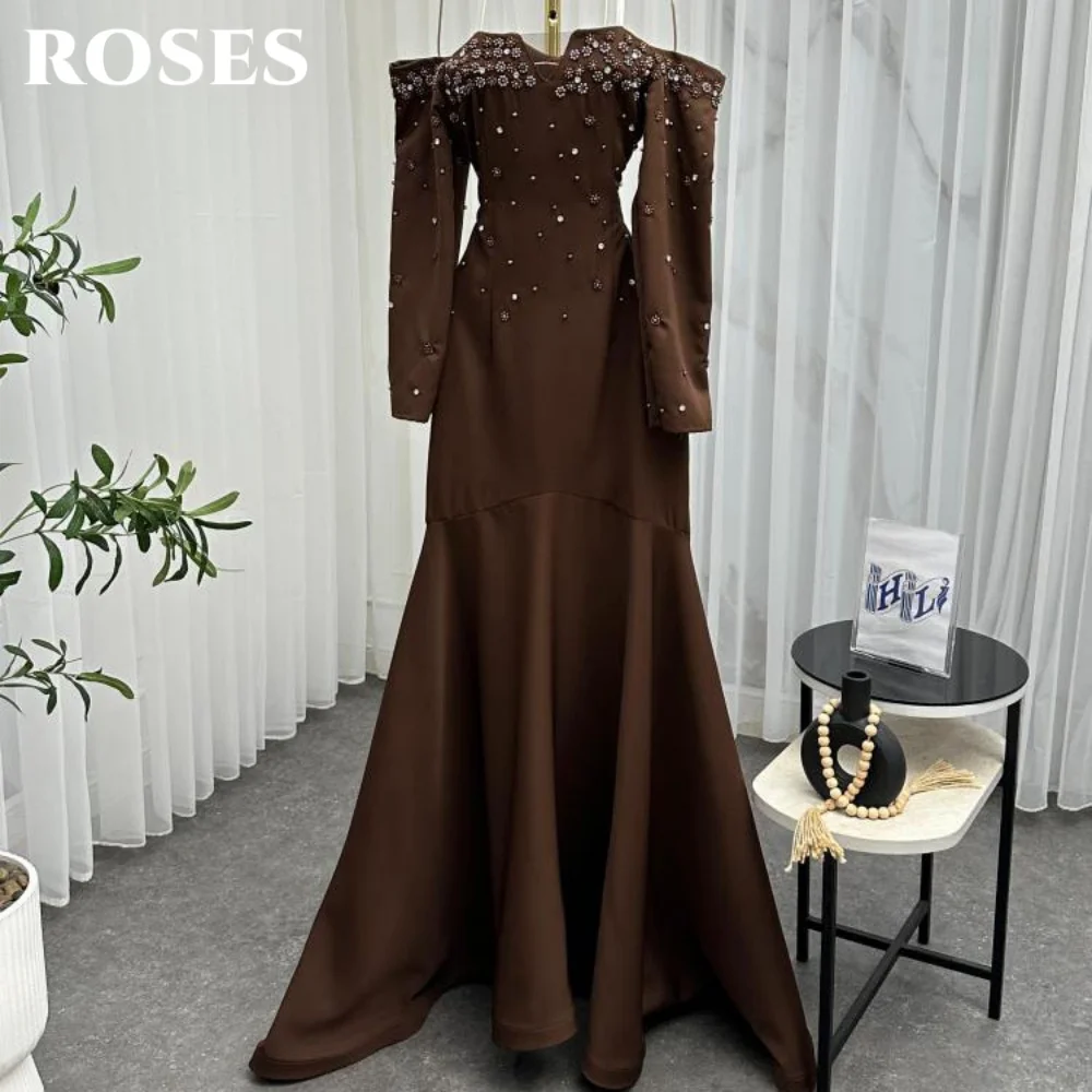 

ROSES Шоколадное вечернее платье с длинными рукавами, торжественное платье с открытыми плечами и блестками, ночное платье robe de bal для женщин по индивидуальному заказу