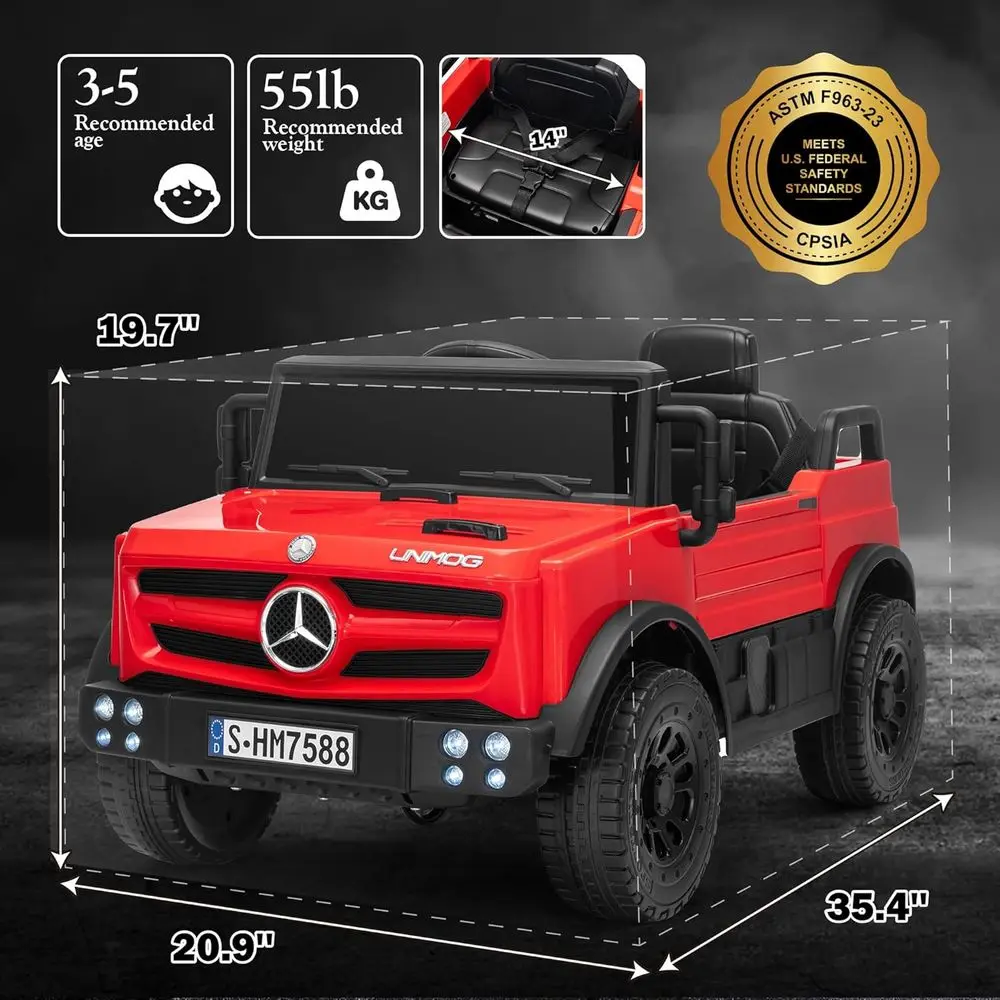 รถยนต์เด็กนั่งขับ 12V พร้อมรีโมทคอนโทรลสำหรับผู้ปกครอง รถยนต์เมอร์เซเดส-เบนซ์ ยูนิมอก ลิขสิทธิ์แท้สำหรับเด็ก ไฟ LED เพลงและแตร สตาร์ทแบบนุ่มนวล