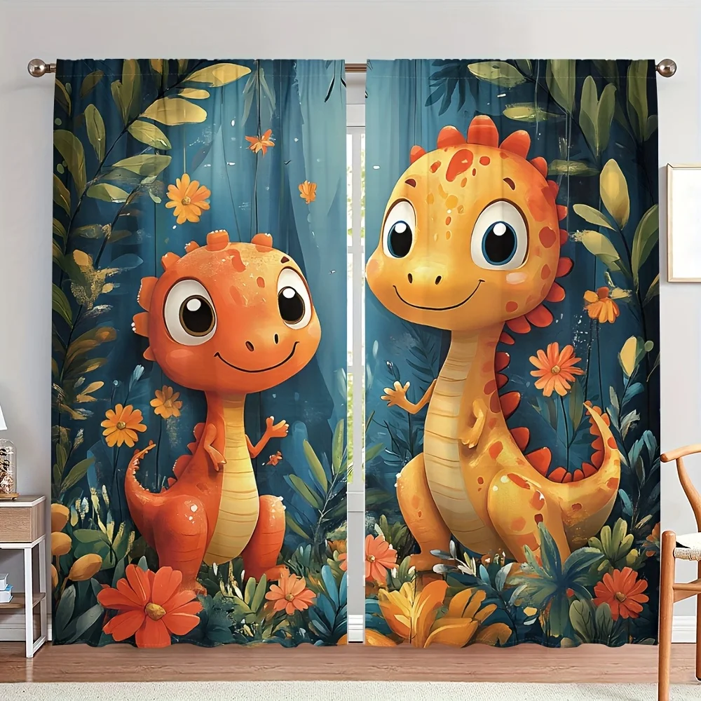 Cartoon dinosaur animal pattern printed curtains, with a pole bag design, suitable for use in bedrooms, living rooms and offices