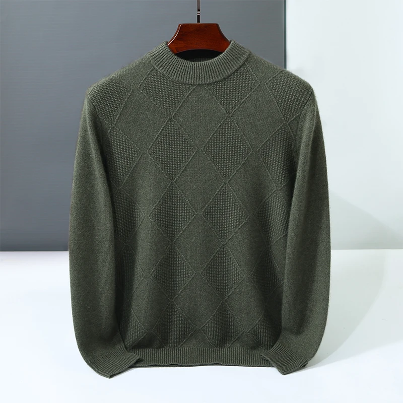 

Autumn Winter New Style 100% Goat Cashmere Men's Mock Neck Diamond Knitted Base Shirt Casual Business Top Fashionable Knitwear