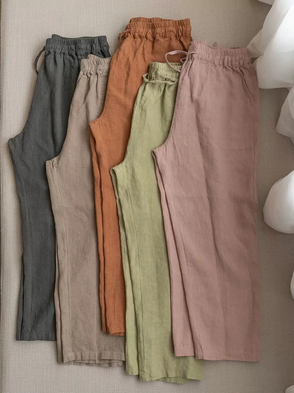 

64-108cm Elastic Waist / Spring Summer Women Good Quality Loose All-match Japan Style Comfy 9*9 Linen Pencil Trousers/Pants