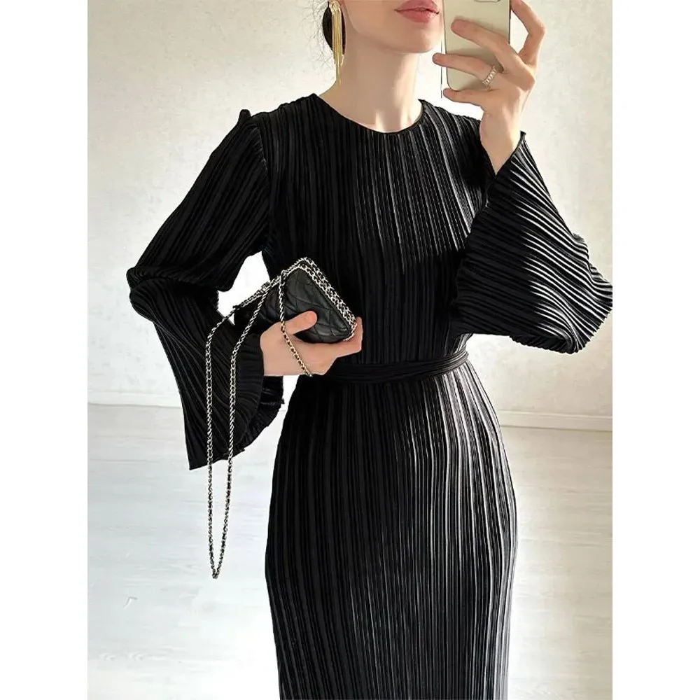 

Ele Long Pleated Flare Sve Women Dr O Ne Cleanfit H Version 00% Linen Fabric Ciwalk Suitable Mid-aged Women