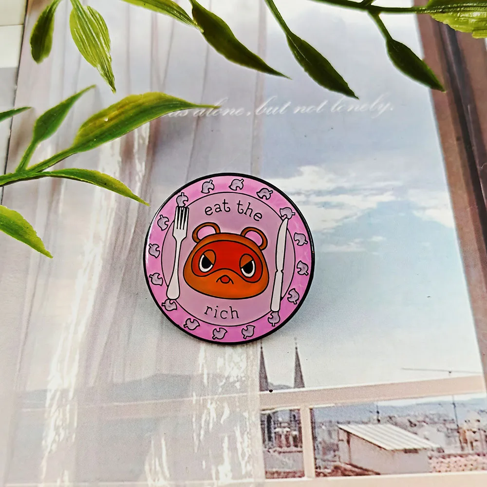 Eat The Rich Cartoon Teddy Bear Brooch Pink Fun Rebel Style Metal Pin Angry Bear Knife Fork Pattern Badge Backpack Decoration