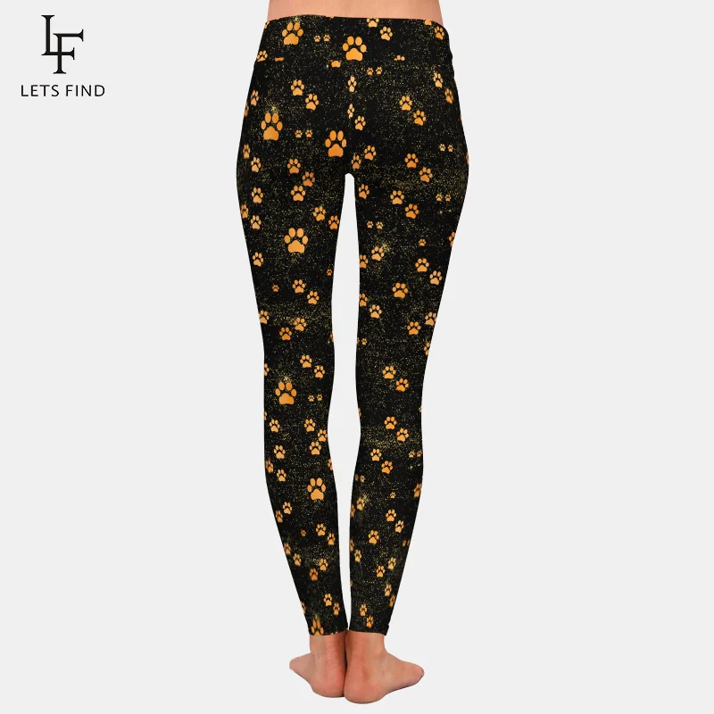 LETSFIND Hot Sales 3D Orange Dog PAWS Print Black Leggings High Waist Women Fitness Slim Milk Silk Print Pants