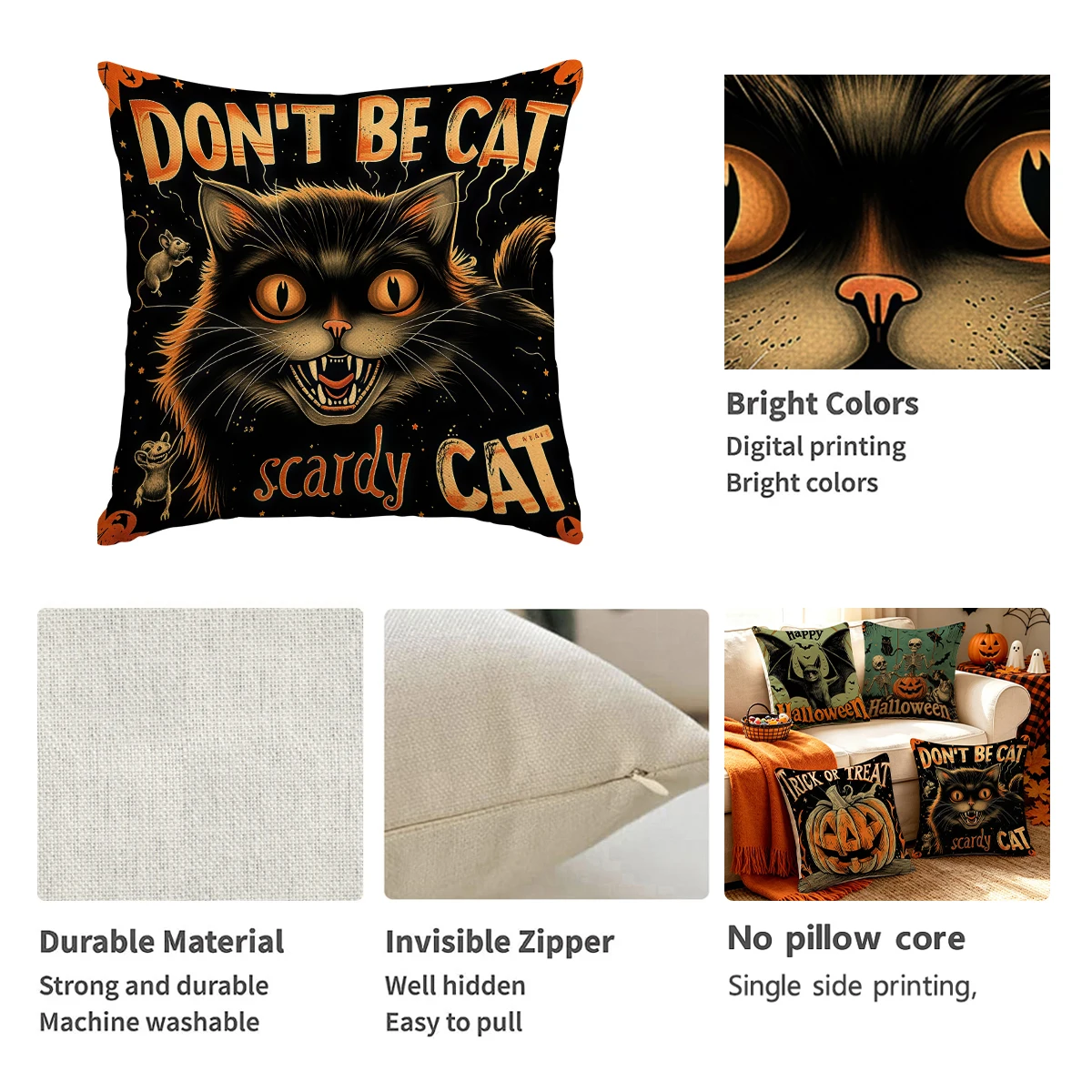 4pcs Retro Pumpkin Lantern, Witch Hat, Trick or Treat Printed Pillow Cover, Home Decor Sofa Cushion Cover (No Pillow Core)