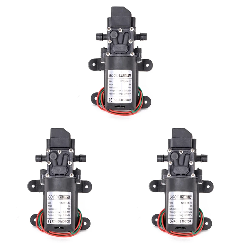 3Pcs Automatic Flow Switch 6L/Min DC12V 70W 130PSI AUTO Diaphragm Water Pump Self Priming Pumps, Straight