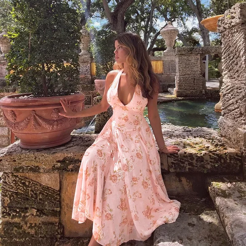 

A high for women, sexy outfit with pattern, deep v neckline, sleeveless, uncovered back, for birthday