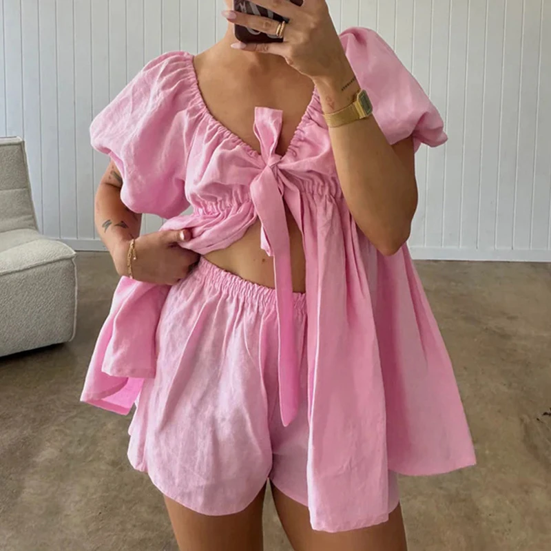 

Elegant Puff Sleeve Homewear Two Piece Casual V-neck Lace-up Women's Tops And Shorts Sets Summer Solid Color Loose Vacation Sets