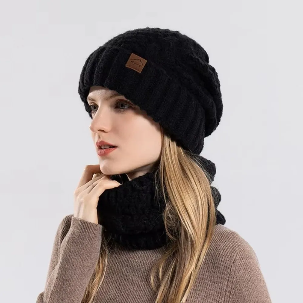 2Pcs/Set Casual Windproof Knitted Hat Scarf Set Thickened Keep Warm Beanies Cap Cold-proof Cycling Skiing Skullcap Winter
