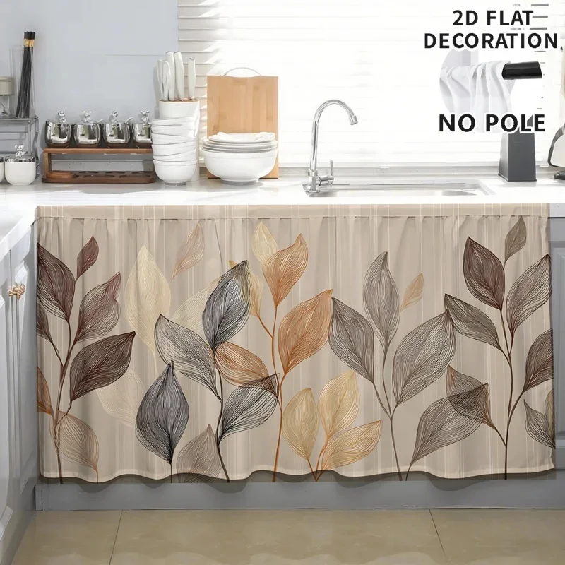 VIKAMA Nordic Sink Skirt Curtain Vintage Autumn Line Art Leaf Pattern Dust‑Proof Fabric Half Curtain for Cabinet Decoration