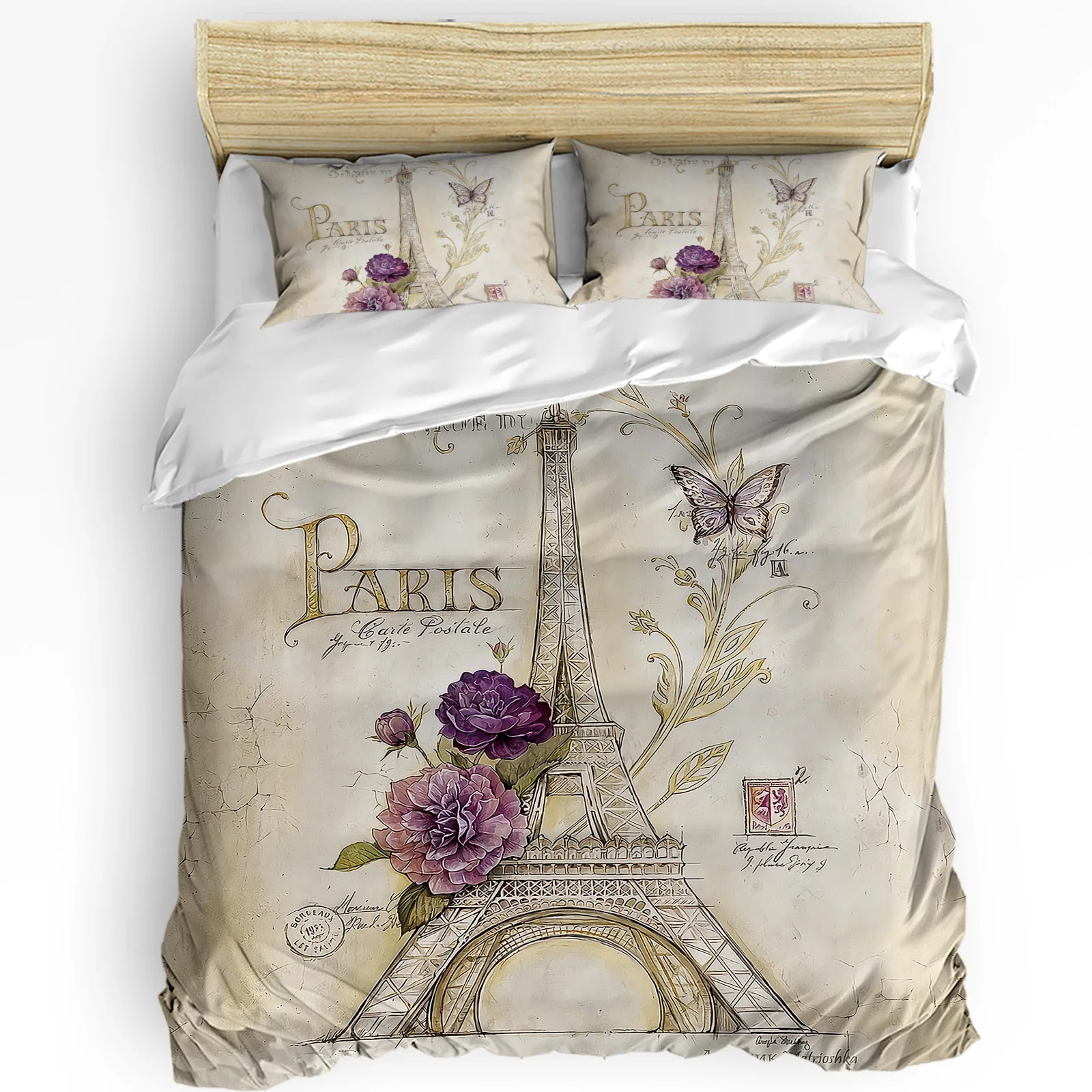 

Vintage Eiffel Tower Flowers Butterfly Duvet Cover with Pillow Case Custom 3pcs Bedding Set Quilt Cover Double Bed Home Textile