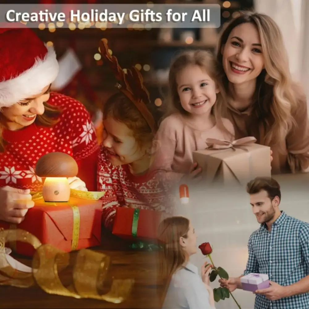 タッチスイッチ-木製キノコナイトライト-3色ライト-木製素材-充電式ナイトライト-ledナイトライト-電池式