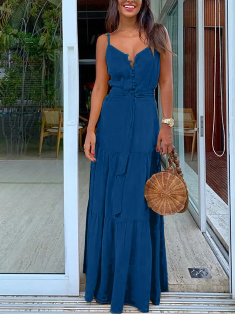 Vestido largo con tirantes finos para mujer, ropa informal de estilo bohemio para vacaciones y playa, elegante, a la moda, Verano