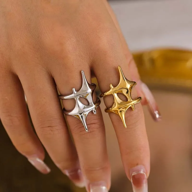 Stainless Steel Star Open Rings For Women Men Vintage Punk Gold Color Geometric Hollow Adjustable Couple Rings Y2K Jewelry Gift