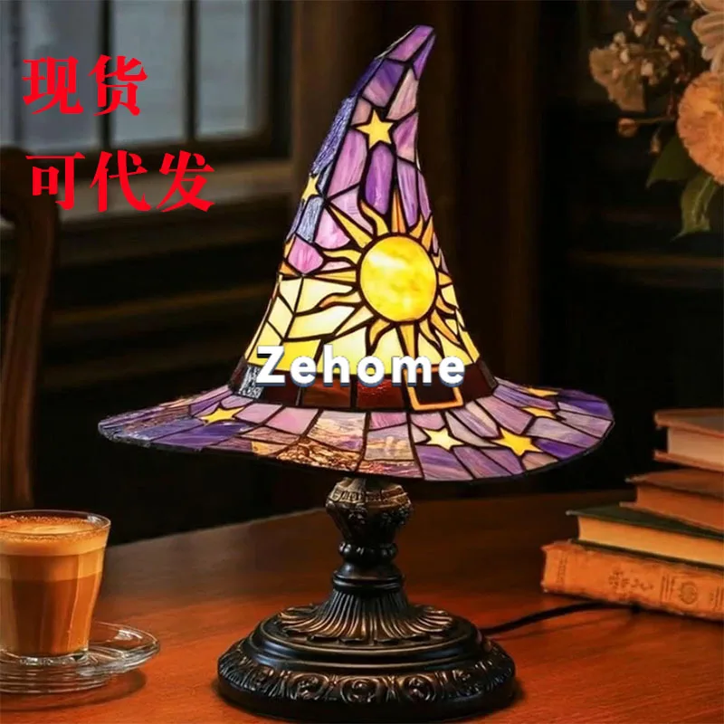Stained Glass Witch Hat Lamp Tabletop Ornament USB