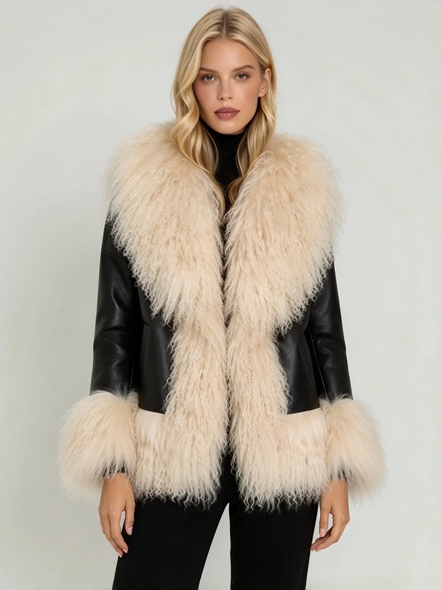 LIMO 2026 New Ladies Faux Leather Coat Fluffy Curly Faux Fur Collar Winter Outerwear