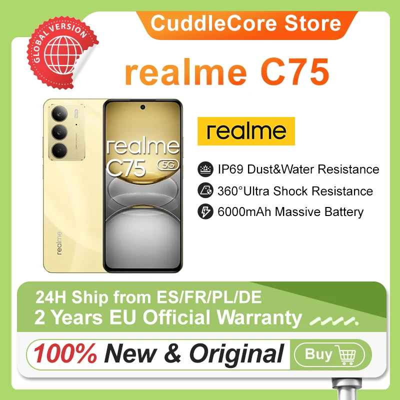 Smartphone realme C75, MediaTek Helio G92, écran 6,72'' 90Hz, batterie 6000mAh, appareil photo 50MP, charge rapide 45W, IP69, version globale