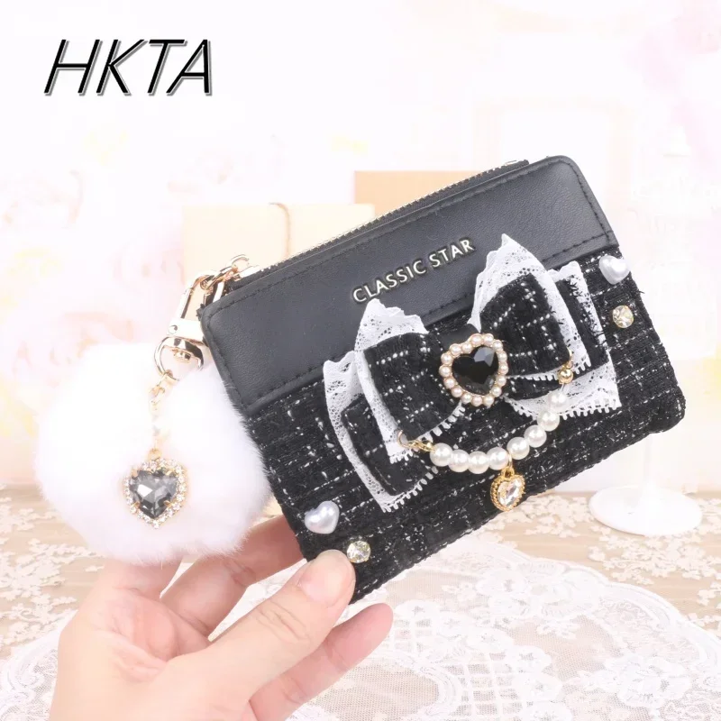 Japanese Handmade Wallet for Women Sweet Mine Bow Lace Edge Rhinestone Short Wallet Girls Small Bag