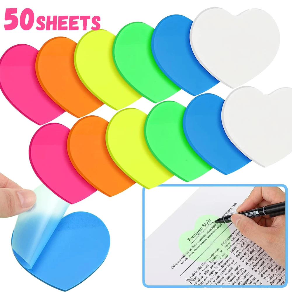 

50 Pads/Pack Transparent Posted It Sticky Note Pads Heart Shaped Self-Sticky Annotation Colorful Memo Pad Office Supplies