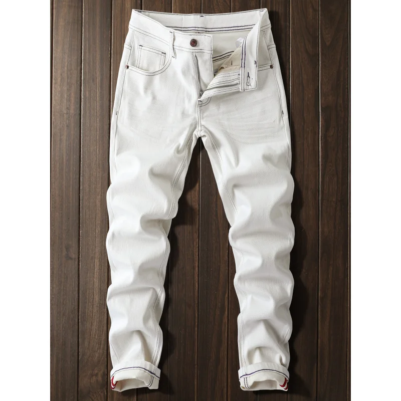 2025 new white jeans men's autumn casual trend elastic small straight leg high-end pants