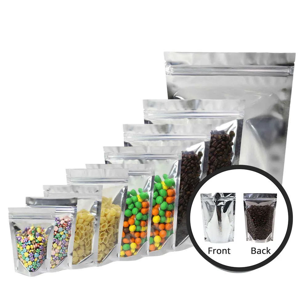 Silver Food Packaging Doypack Medium Size  Stand Up Aluminum Foil Pouch Clear Window Smell Proof Heat Sealing Mylar Bags