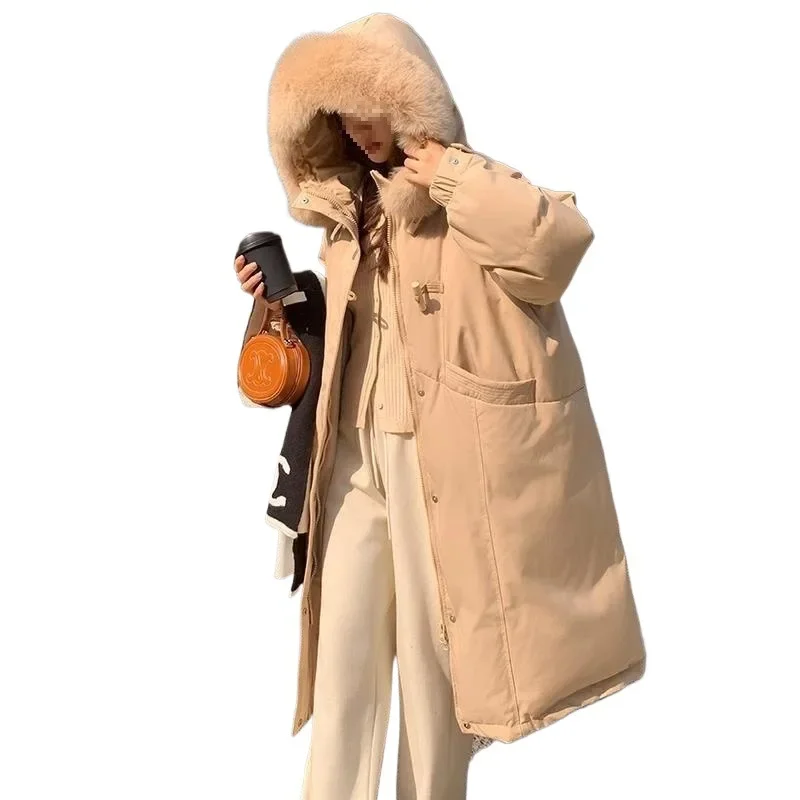 معطف بياقة كبيرة على الطراز الكوري مزود بأزرار وتفاصيل عصرية فوق الركبة وطول شتوي سميك للنساء #4