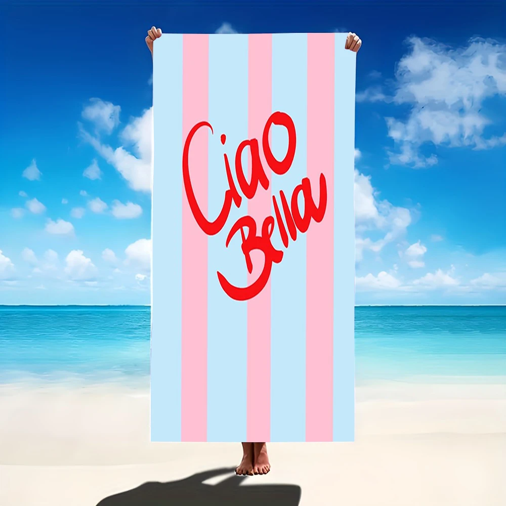 Pink Blue Stripe Ciao Bella Letter Print Beach Towel,for coastal holidays,pool chill,short trips & seaside brunch meets